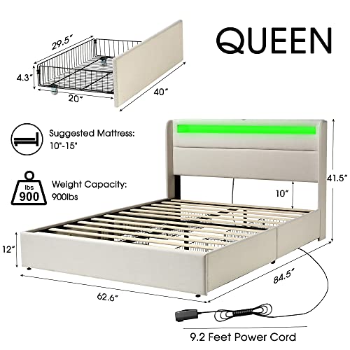 AMERLIFE Queen Bed Frame with RGBW LED Lights Headboard & 4 Storage Drawers, Upholstered Smart Platform Bed with USB & USB-C Ports, Box Spring Optional, Cream