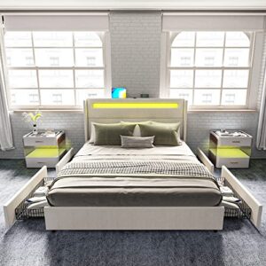 AMERLIFE Queen Bed Frame with RGBW LED Lights Headboard & 4 Storage Drawers, Upholstered Smart Platform Bed with USB & USB-C Ports, Box Spring Optional, Cream