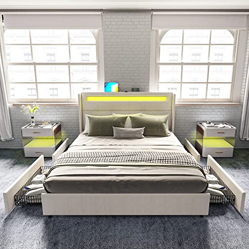 AMERLIFE Queen Bed Frame with RGBW LED Lights Headboard & 4 Storage Drawers, Upholstered Smart Platform Bed with USB & USB-C Ports, Box Spring Optional, Cream