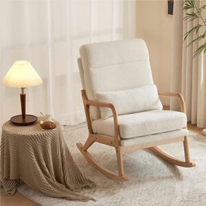 pazezog rocking chair,high back mid-century modern accent chair,nursery rocking chair with wooden armrest,upholstered glider rocker with lumbar pillow for living room