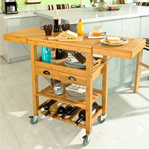 QUANJJ Extendable Kitchen Trolley Cart with 2 Folding Hinged Side Boards Removable Tray