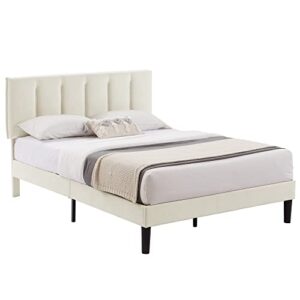 VECELO Full Bed Frames, Upholstered Platform Bedframe, Adjustable Headboard, Wood Slat Support, No Box Spring Needed, Easy Assembly, Beige