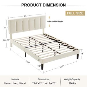 VECELO Full Bed Frames, Upholstered Platform Bedframe, Adjustable Headboard, Wood Slat Support, No Box Spring Needed, Easy Assembly, Beige