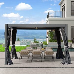 domi outdoor living 10’ x 13’ louvered pergola with adjustable rainproof roof, outdoor aluminum frame hardtop gazebo for backyard, garden and lawn w/netting (dark gray)