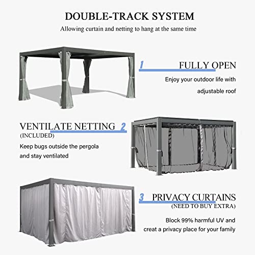 Domi Outdoor Living 10’ x 13’ Louvered Pergola with Adjustable Rainproof Roof, Outdoor Aluminum Frame Hardtop Gazebo for Backyard, Garden and Lawn w/Netting (Dark Gray)