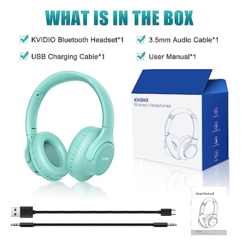 KVIDIO [Updated] Bluetooth Headphones Over Ear, 65 Hours Playtime Wireless Headphones with Microphone,Foldable Lightweight Headset with Deep Bass,HiFi Stereo Sound for Travel Work Cellphone (Green)