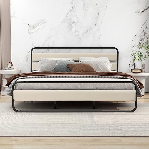 Tuconia Metal Platform King Size Bed Frame with Upholstered Headboard No Noise Easy Assembly Beige Linen