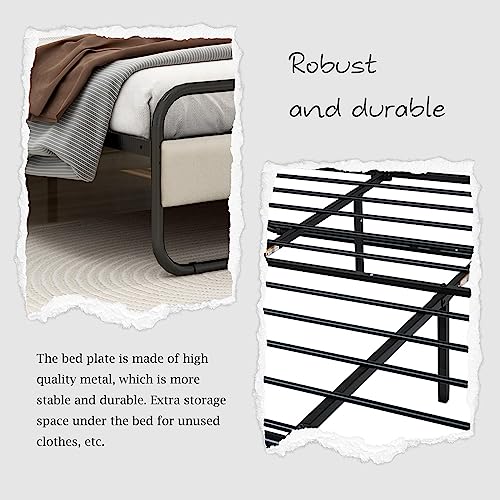 Tuconia Metal Platform King Size Bed Frame with Upholstered Headboard No Noise Easy Assembly Beige Linen