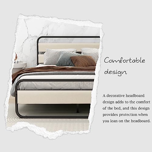 Tuconia Metal Platform King Size Bed Frame with Upholstered Headboard No Noise Easy Assembly Beige Linen