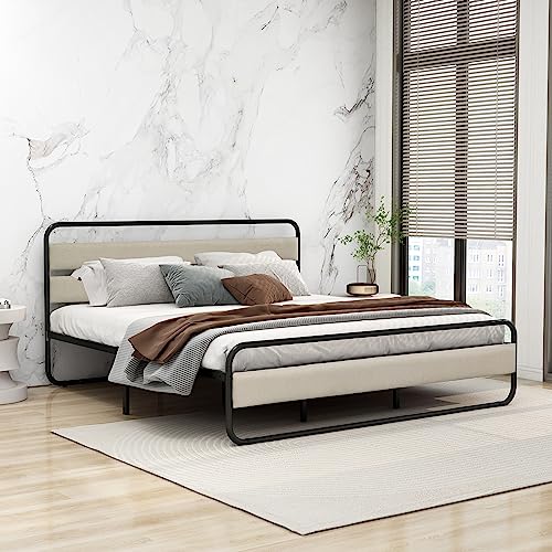 Tuconia Metal Platform King Size Bed Frame with Upholstered Headboard No Noise Easy Assembly Beige Linen