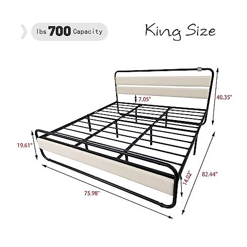 Tuconia Metal Platform King Size Bed Frame with Upholstered Headboard No Noise Easy Assembly Beige Linen