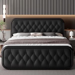 feonase queen bed frame with rhombus button tufted, oval-shaped metal platform bed with faux leather headboard, strong slats support, 12" under-bed storage, noise-free, easy assembly, black