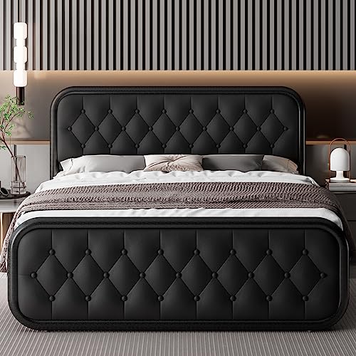 Feonase Queen Bed Frame with Rhombus Button Tufted, Oval-Shaped Metal Platform Bed with Faux Leather Headboard, Strong Slats Support, 12" Under-Bed Storage, Noise-Free, Easy Assembly, Black