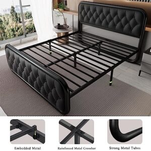 Feonase Queen Bed Frame with Rhombus Button Tufted, Oval-Shaped Metal Platform Bed with Faux Leather Headboard, Strong Slats Support, 12" Under-Bed Storage, Noise-Free, Easy Assembly, Black