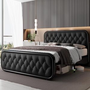 Feonase Queen Bed Frame with Rhombus Button Tufted, Oval-Shaped Metal Platform Bed with Faux Leather Headboard, Strong Slats Support, 12" Under-Bed Storage, Noise-Free, Easy Assembly, Black