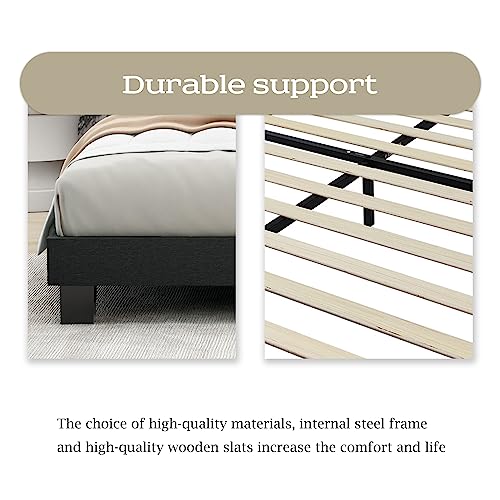Tuconia Upholstered Platform King Size Bed Frame with Headboard Wooden Slats Support Easy Assembly No Box Spring Needed Black Linen