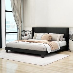 Tuconia Upholstered Platform King Size Bed Frame with Headboard Wooden Slats Support Easy Assembly No Box Spring Needed Black Linen