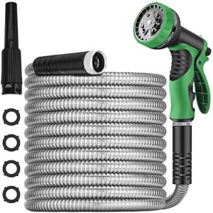 200 ft garden hose -metal water hose with nozzle &10 function sprayer,flexible, heavy duty,no kink& tangle, lightweight, 304 stainless steel car washing hoses pipe for outdoor,yard