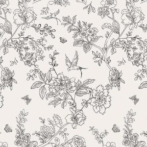 black and white floral wallpaper peel and stick wallpaper floral contact paper 17.7 inch×118.1 inch floral removable self adhesive wallpaper flowers birds decorative wallpaper for cabinets walls