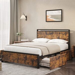 amyove queen bed frame with 4 storage drawers and headboard, metal platform bed with large storage space, no box spring needed, noise free, rustic brown (queen)