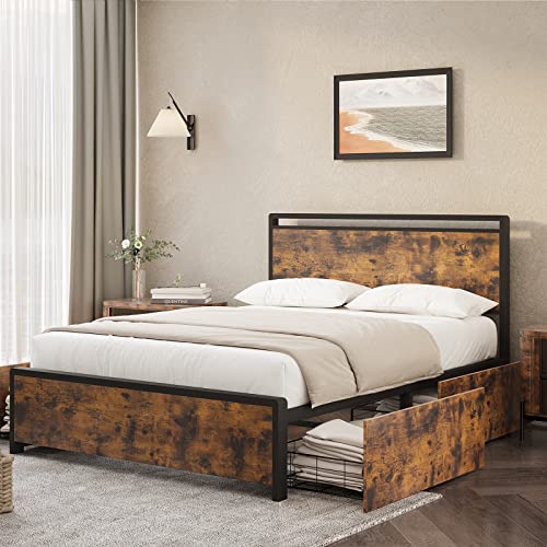 Amyove Queen Bed Frame with 4 Storage Drawers and Headboard, Metal Platform Bed with Large Storage Space, No Box Spring Needed, Noise Free, Rustic Brown (Queen)