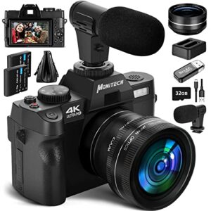 monitech 4k digital camera for photography, 48mp vlogging camera for youtube and video,with 180° flip screen,16x digital zoom,52mm wide angle & macro lens, 2 batteries, 32gb tf card