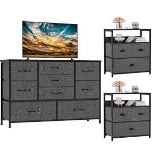 furnulem wide dresser with 9 large drawers for 55'' long tv stand and 2 nightstands with 3 drawers, small dresser with storage shelf
