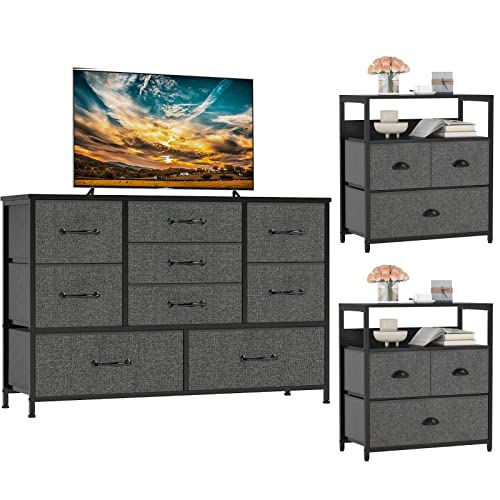 Furnulem Wide Dresser with 9 Large Drawers for 55'' Long TV Stand and 2 Nightstands with 3 Drawers, Small Dresser with Storage Shelf