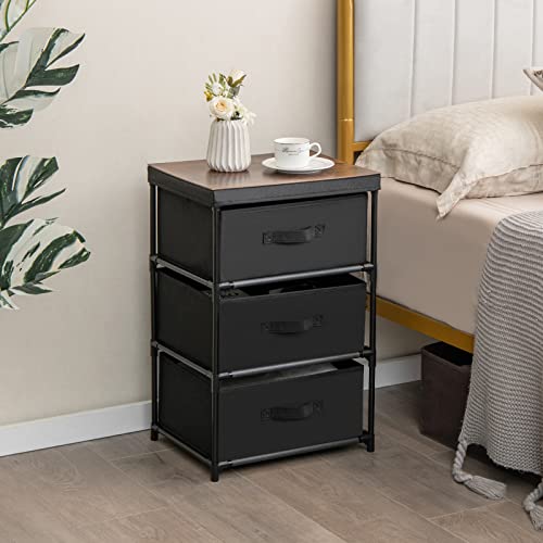 Giantex Nightstand with 3 Fabric Drawers, 24.5" Tall Bedside Table with Removable Lid for Bedroom, Study, Storage Dresser Organizer, Easy Assembly, Black and Rustic Brown