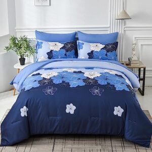 floral comforter set queen blue flower comforter set 7 pieces bed in a bag soft microfiber bedding comforter with sheets spring summer bed comforter set (7pcs,white and blue floral comforter set)