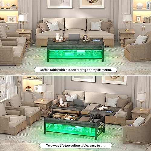 Aheaplus Coffee Table, Lift Top Coffee Table with LED Light and Power Outlet, Modern Lift-Top Table with Storage Shelf, Center Table for Living Room, Lift Tabletop, X Support, Metal Frame, Black Oak