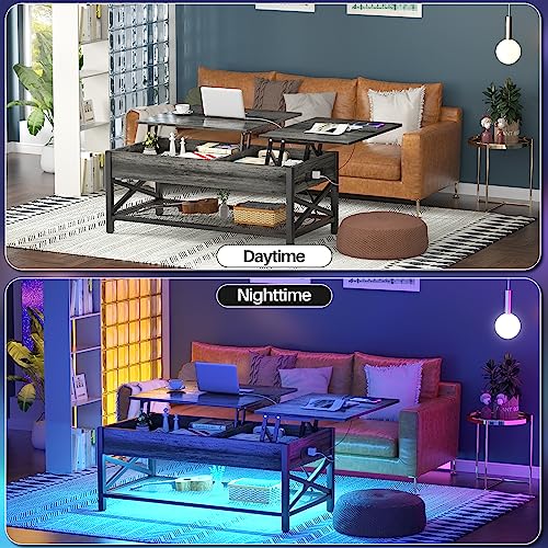 Aheaplus Coffee Table, Lift Top Coffee Table with LED Light and Power Outlet, Modern Lift-Top Table with Storage Shelf, Center Table for Living Room, Lift Tabletop, X Support, Metal Frame, Black Oak