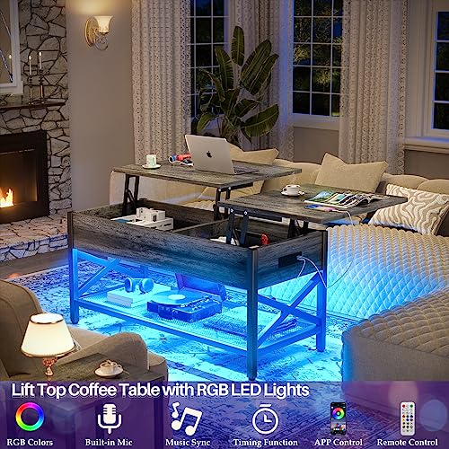 Aheaplus Coffee Table, Lift Top Coffee Table with LED Light and Power Outlet, Modern Lift-Top Table with Storage Shelf, Center Table for Living Room, Lift Tabletop, X Support, Metal Frame, Black Oak