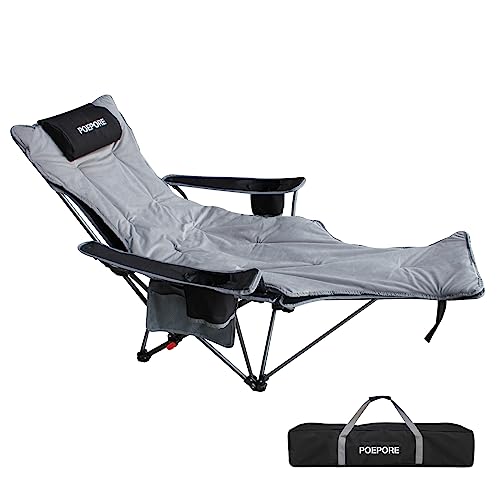 POEPORE Reclining Camping Chair with Removable Footrest Lounge Chair with Headrest, Cotton Cushion, Portable Adjustable Folding Chairs for Adults