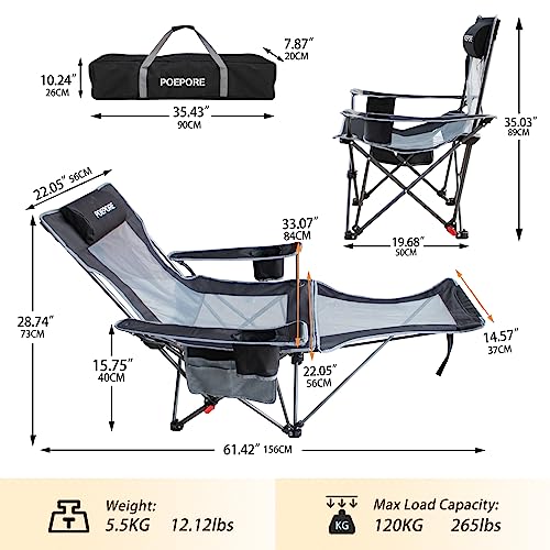 POEPORE Reclining Camping Chair with Removable Footrest Lounge Chair with Headrest, Cotton Cushion, Portable Adjustable Folding Chairs for Adults