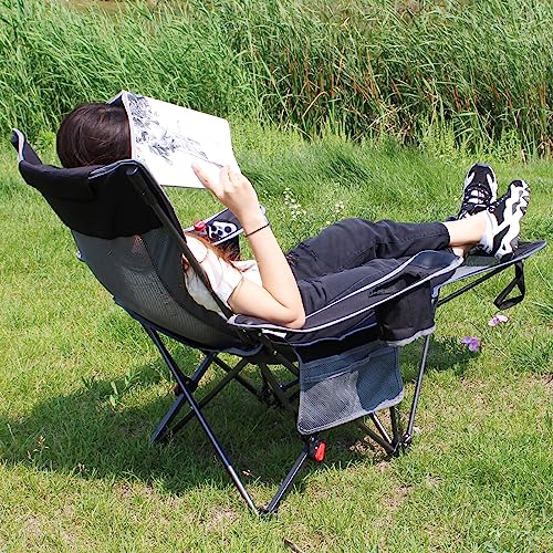 POEPORE Reclining Camping Chair with Removable Footrest Lounge Chair with Headrest, Cotton Cushion, Portable Adjustable Folding Chairs for Adults