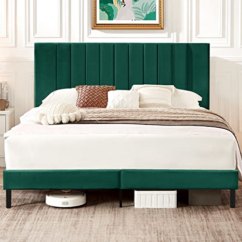 Flolinda King Size Platform Bed Frame with Velvet Upholstered Headboard and Wooden Slats Support, Fully Upholstered Mattress Foundation/No Box Spring Needed/Easy Assembly, Green