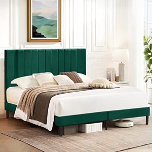 Flolinda King Size Platform Bed Frame with Velvet Upholstered Headboard and Wooden Slats Support, Fully Upholstered Mattress Foundation/No Box Spring Needed/Easy Assembly, Green