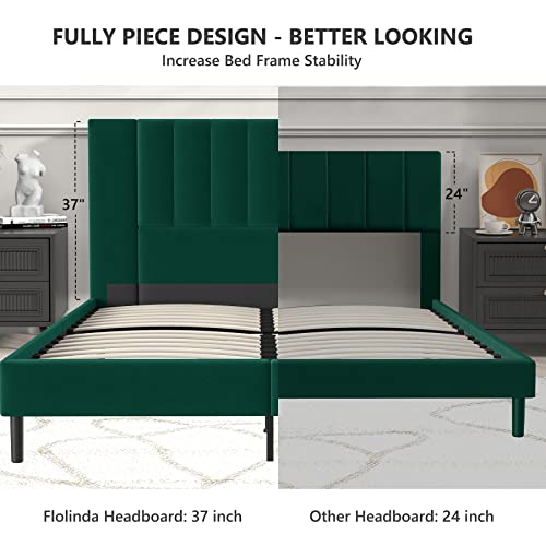 Flolinda King Size Platform Bed Frame with Velvet Upholstered Headboard and Wooden Slats Support, Fully Upholstered Mattress Foundation/No Box Spring Needed/Easy Assembly, Green