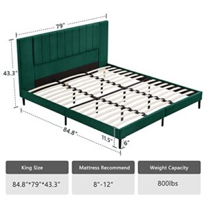 Flolinda King Size Platform Bed Frame with Velvet Upholstered Headboard and Wooden Slats Support, Fully Upholstered Mattress Foundation/No Box Spring Needed/Easy Assembly, Green