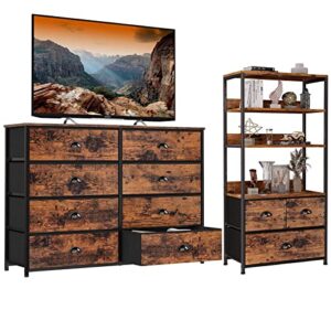 furnulem 8 drawer dresser wide 40'' long, storage chest of drawer for 50'' tv stand and tall storage shelf 4-tier,bookshelf rack with 3 fabric storage drawers