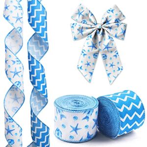 hying 2 rolls summer starfish ribbons wired for wreath bows wrapping gifts, beach sea waves ribbon for gift wrapping birthday party decoration diy crafts 2.5" x 10 yards blue wave wired edge ribbon