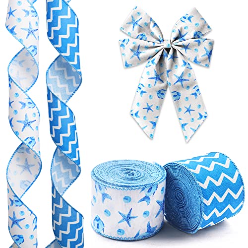 Hying 2 Rolls Summer Starfish Ribbons Wired for Wreath Bows Wrapping Gifts, Beach Sea Waves Ribbon for Gift Wrapping Birthday Party Decoration DIY Crafts 2.5" X 10 Yards Blue Wave Wired Edge Ribbon