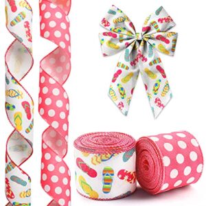 hying 2 rolls summer slipper ribbons wired for wreath bows wrapping gifts, beach slipper dots ribbon for gift wrapping birthday party decoration diy crafts 2.5" x 10 yards rose dots wired edge ribbon