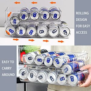 BYFU 2-Tier Foldable Soda Can Storage Organizer Set of 2, Automatic Rolling Plastic Beverage Can Dispenser, Clear Stackable Can Drink Holder Bin for Refrigerator Pantry Kitchen Countertop Cabinet