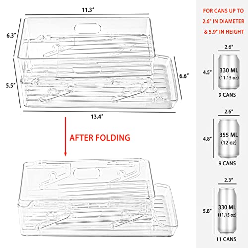 BYFU 2-Tier Foldable Soda Can Storage Organizer Set of 2, Automatic Rolling Plastic Beverage Can Dispenser, Clear Stackable Can Drink Holder Bin for Refrigerator Pantry Kitchen Countertop Cabinet