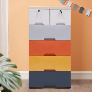 hteedy 6 drawers plastic drawers dresser, lockable colorful cabinet free standing clothes storage organizer, plastic storage cabinet with casters for home/office and school