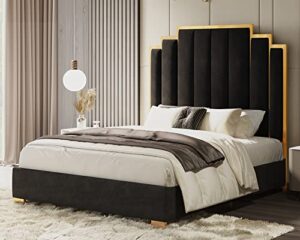 howe queen size bed frame and 61" headboard, upholstered bed with golden plating trim, modern platform bed no box spring needed, black