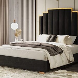 HOWE Queen Size Bed Frame and 61" Headboard, Upholstered Bed with Golden Plating Trim, Modern Platform Bed No Box Spring Needed, Black