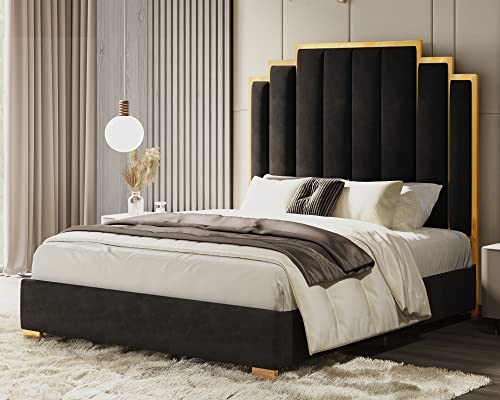 HOWE Queen Size Bed Frame and 61" Headboard, Upholstered Bed with Golden Plating Trim, Modern Platform Bed No Box Spring Needed, Black